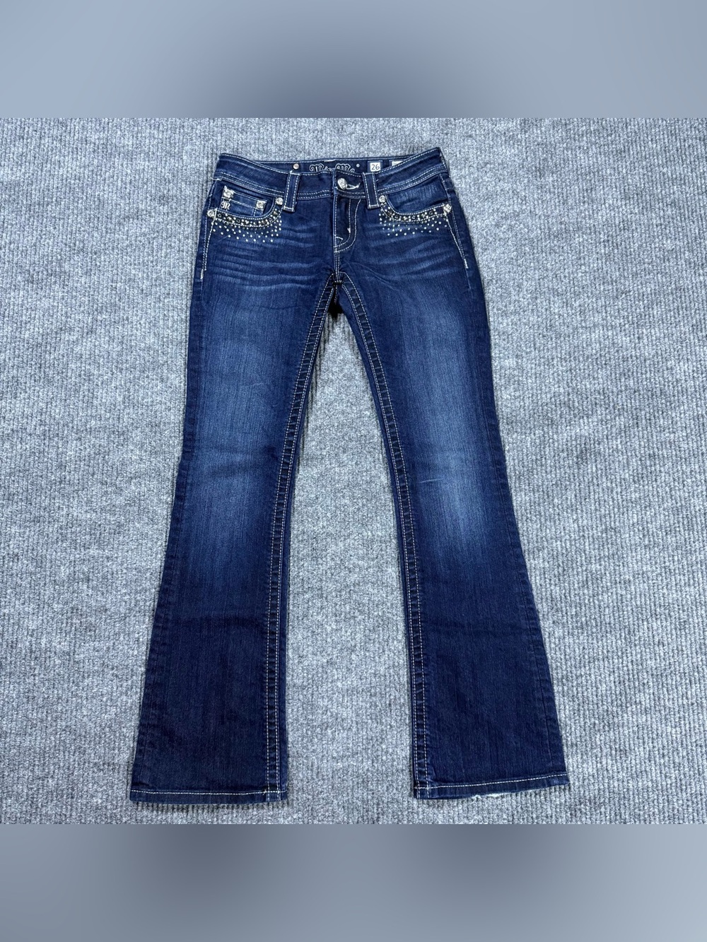 Miss Me Jeans Womens Size 26 Blue Signature Bootcut Low Rise Embellished Denim